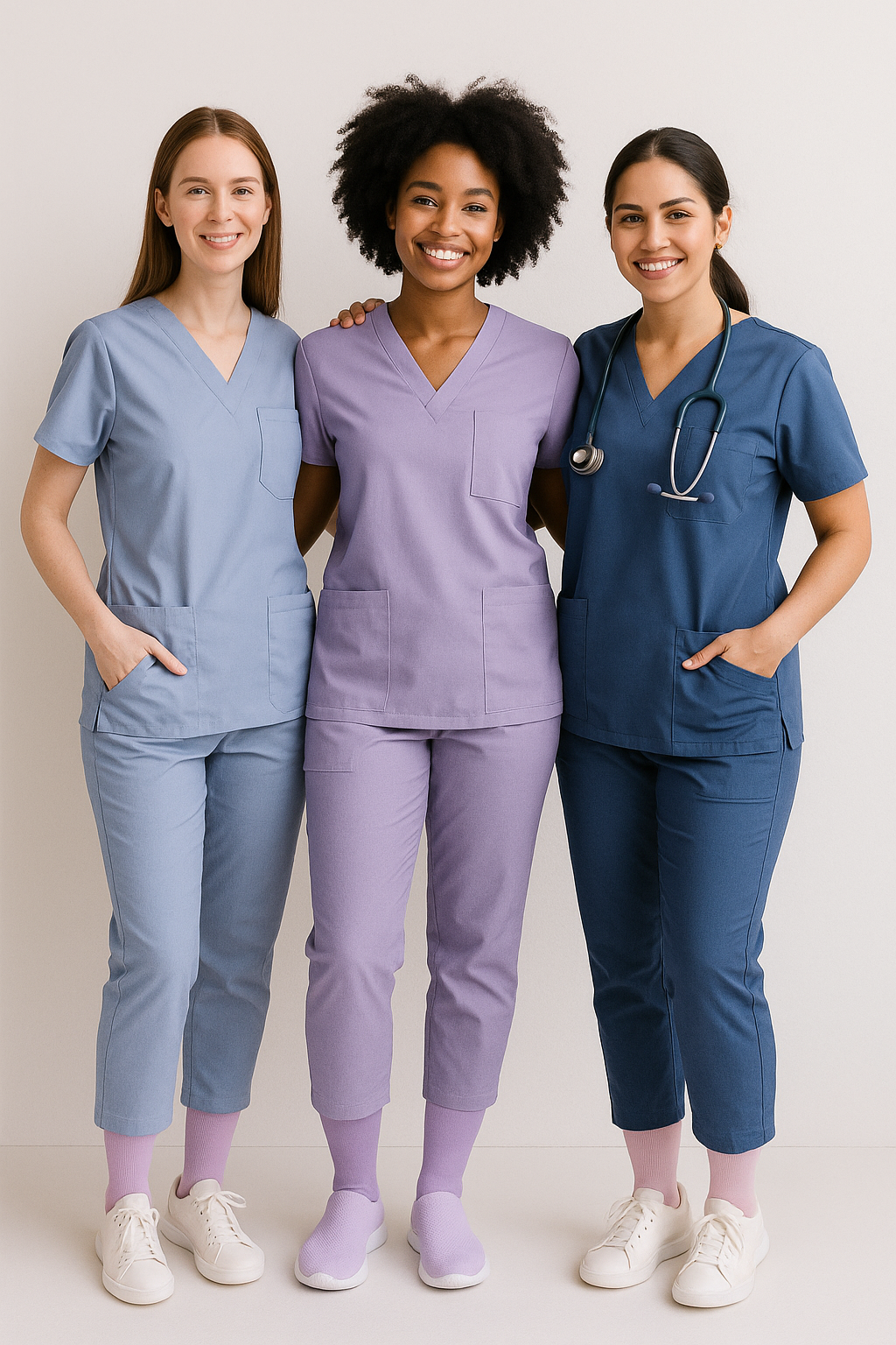Group of three nurses wearing On12 compression socks, representing the Shiftie Movement community